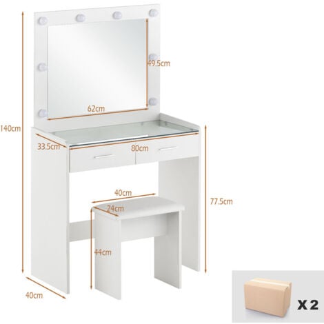 Dressing Table with Hollywood 3-Color LED Lights Mirror and Galss Top, Vanity Makeup Desk with 2 Drawers and Stool Women Girl Dresser Bedroom Furniture (White- glass top)