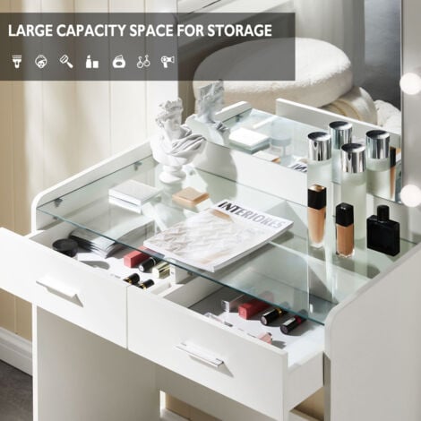 Dressing Table with Hollywood 3-Color LED Lights Mirror and Galss Top, Vanity Makeup Desk with 2 Drawers and Stool Women Girl Dresser Bedroom Furniture (White- glass top)