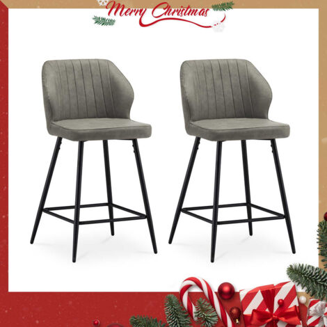 Bar Stools,2x Faux Leather Padded Breakfast Bar Chairs with Backrest and Metal Legs, High Back Dining Stools, Lightgrey