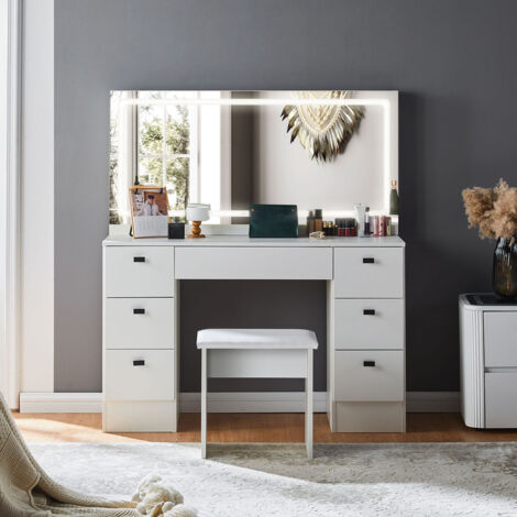 Dressing Table with Hollywood Mirror, 3 colors LED Light Vanity Table with 7 Drawers, Vanity Desk for Girls