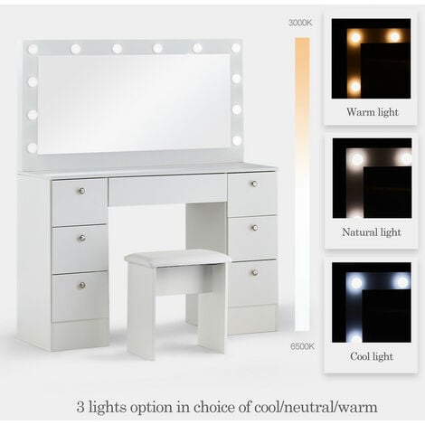 Dressing Table with Mirror, 6 Drawers Vanity Table with 3 colors LED Light, Vanity Desk with for Girls