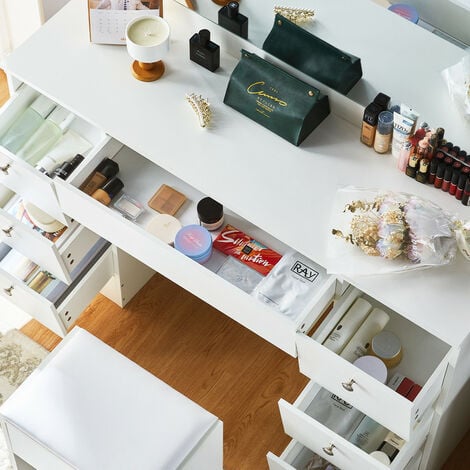 Dressing Table with Mirror, 6 Drawers Vanity Table with 3 colors LED Light, Vanity Desk with for Girls