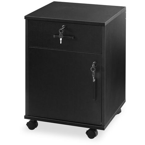 File Cabinet Lockable, Wooden Drawer File Cabinet with 1 Enclosed Storage Cabinet, Home Office Mobile Under Desk Cabinet, Black