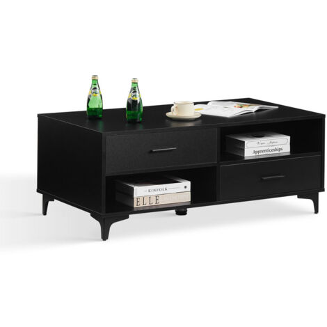 Coffee Table with Storage, 4 Drawers and 4 Open Shelves Wood Center Tea Table with Metal Legs Rectangle Sofa Side Table for Living Room Bedroom Home Office (Black)