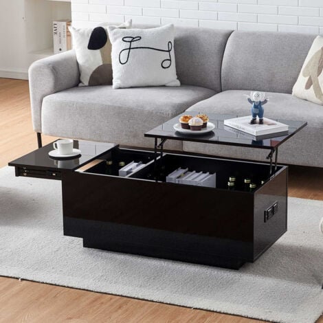 Lift Top Coffee Table with Charger Station, High Gloss Wooden Tea Table with Hidden Compartment and Open Storage Shelf, Modern Sofa Side Table for Living Room Center (Black with led)
