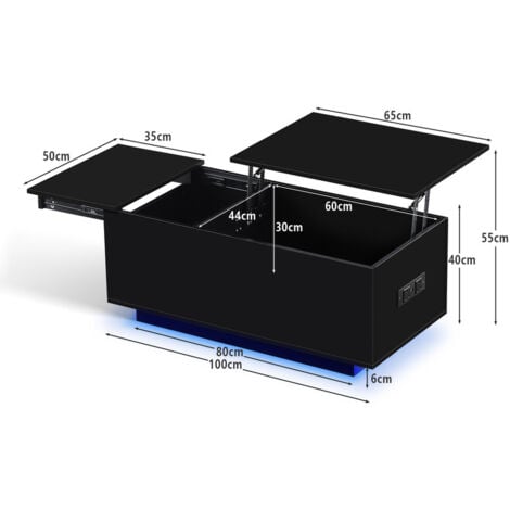 Lift Top Coffee Table with Charger Station, High Gloss Wooden Tea Table with Hidden Compartment and Open Storage Shelf, Modern Sofa Side Table for Living Room Center (Black with led)