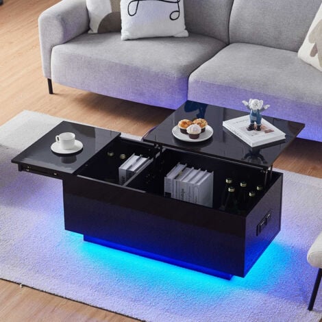 Lift Top Coffee Table with Charger Station, High Gloss Wooden Tea Table with Hidden Compartment and Open Storage Shelf, Modern Sofa Side Table for Living Room Center (Black with led)