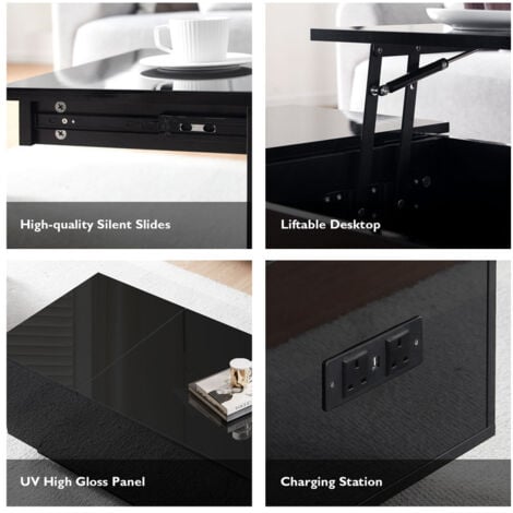 Lift Top Coffee Table with Charger Station, High Gloss Wooden Tea Table with Hidden Compartment and Open Storage Shelf, Modern Sofa Side Table for Living Room Center (Black with led)