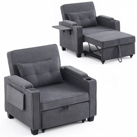 Single Sofa Bed, 3 in 1 Convertible Sleeper Chair with Adjustable Backrest, Charger & Cup Holder, Side Pockets, Foldable Pull Out Armchair for Living Room Bedroom Lounge Grey