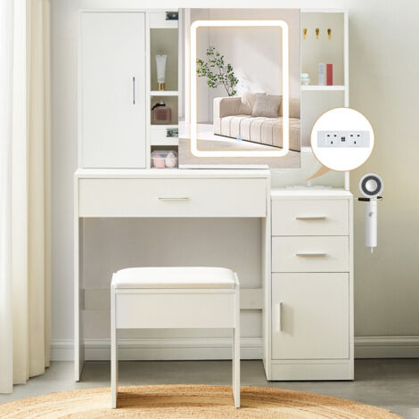 Dressing Table with LED Sliding Mirror and Stool, Modern Vanity Makeup Desk with Power Socket and Drawers, Jewellery Storage, White Bedroom Beauty Dresser with Open Shelves