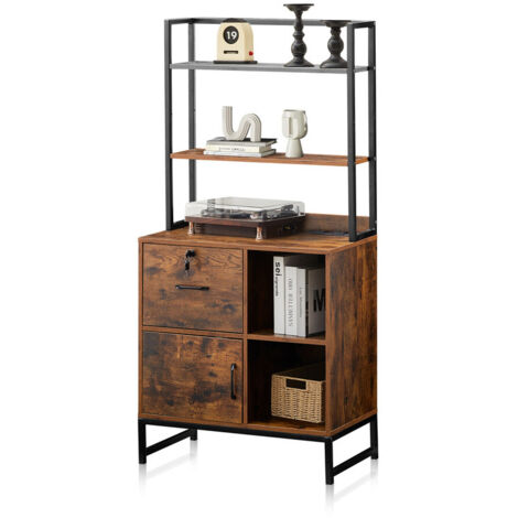 Filing Cabinet with Lockable Drawer, 3 Tiers File Cabinet with Charging Station and Open Storage Shelves, High Printer Stand for File Folders Home Office Desk Brown