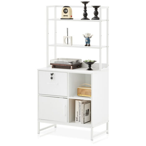 Filing Cabinet with Lockable Drawer, 3 Tiers File Cabinet with Charging Station and Open Storage Shelves, High Printer Stand for File Folders Home Office Desk White
