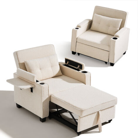 Single Sofa Bed, 3 in 1 Convertible Sleeper Chair with Adjustable Backrest, Charger & Cup Holder, Side Pockets, Foldable Pull Out Armchair for Living Room Bedroom Lounge Beige Velvet (1/5)
