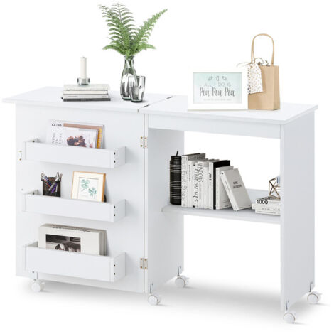 Folding Sewing Table, 2-in-1 Mobile Craft Table with Storage Shelves and Lockable Rolling Casters, Space Saving Sewing Machine Cabinet Computer Desk White (1/5)