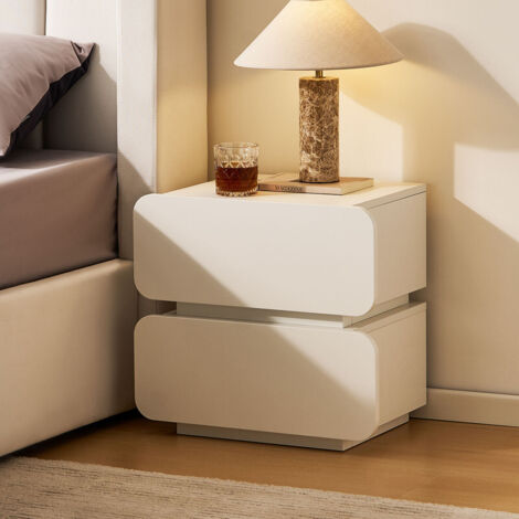 Bedside Table with 2 Drawers, White Curved Drawer Bedside Table Nightstand Cabinet Unique Design for Bedroom Home Office