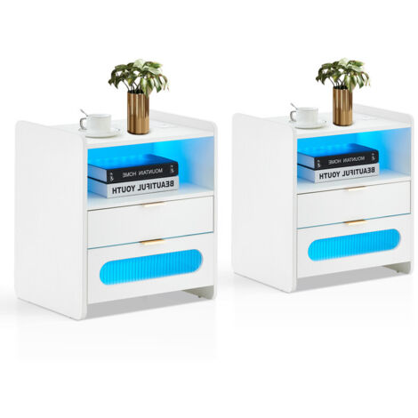 Bedside Tables Set of 2 with LED Lights, 2 Drawers Bedside Table with Charging Station and Open Shelf, Modern Storage Nightstand Cabinet for Bedroom Living Room (1/5)