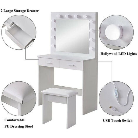 Dressing Table,Dressing Table Set, 2 Large Drawers Vanity Makeup Table with Adjustable 3 Color LED Lights