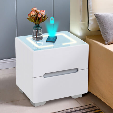 Bedside Table, Smart Night Stand with Wireless Charger, 3 Color Touch Control LED Light, Chest of 2 Drawer, White