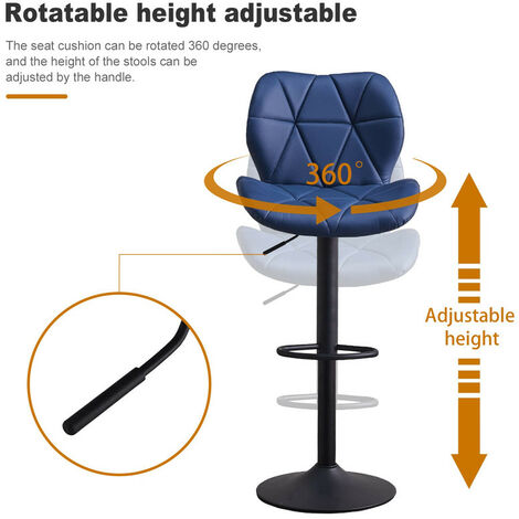 2 X Bar Stools, Faux Leather Height Adjustable Breakfast Barstools with Swivel Gas Lift and Steel Footrest, Blue