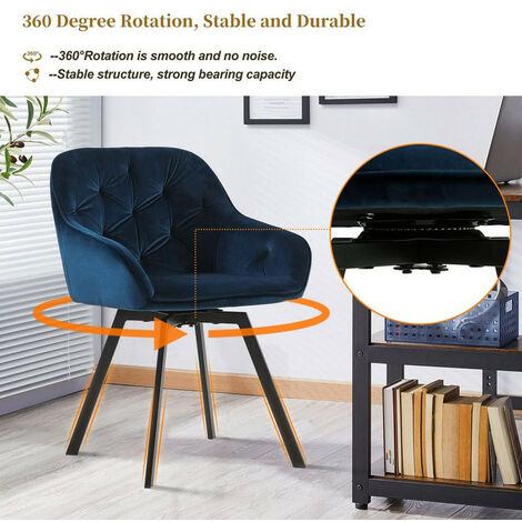 Dining Chairs, 2X Velvet Thick Padded 360°Swivel Armchair with Backrest and Metal Legs, Blue