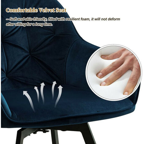 Dining Chairs, 2X Velvet Thick Padded 360°Swivel Armchair with Backrest and Metal Legs, Blue