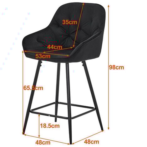 Bar Stools,2x Velvet Thick Padded Breakfast Kitchen Bar Chairs with Armrest and Footrest, Seat Height 65cm, Black