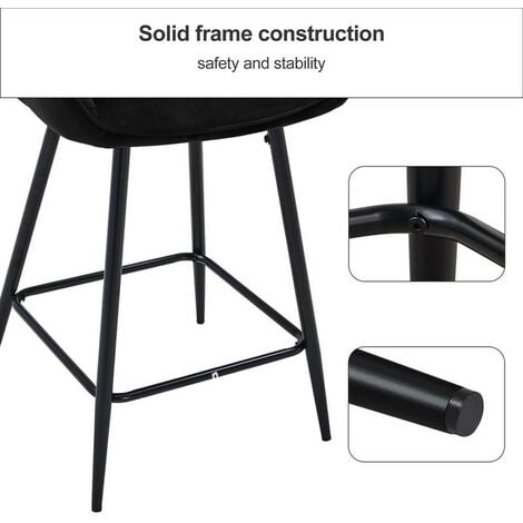 Bar Stools,2x Velvet Thick Padded Breakfast Kitchen Bar Chairs with Armrest and Footrest, Seat Height 65cm, Black