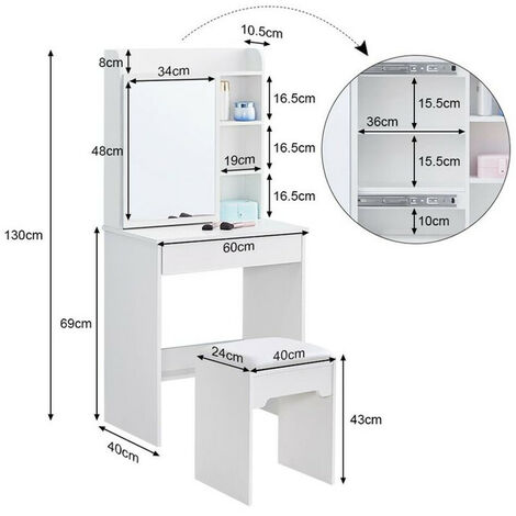 Dressing Table, Makeup TablewTable with Mirror and Stool,1 Drawer and 6 Storage Shelves