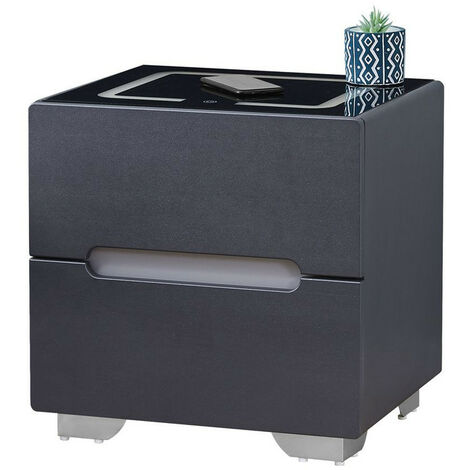 Bedside Table Smart Night Stand with Wireless Charger 3 Color Touch Control LED Light Chest of 2 Drawer Black