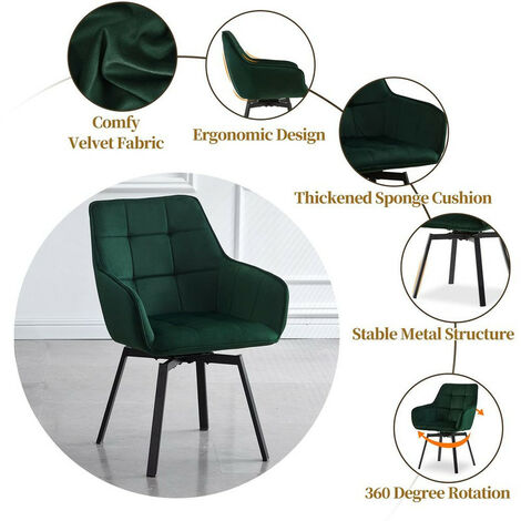 Dining Chair 2X Velvet Padded Seat 360°Swivel Armchair with Backrest and Metal Legs, Green