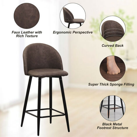 2 X Bar Stools, Seashell High Back Faux Leather Breakfast Bar Chairs, Brown