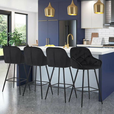 Bar Stools,2x Velvet Thick Padded Breakfast Kitchen Bar Chairs with Armrest and Footrest, Seat ...