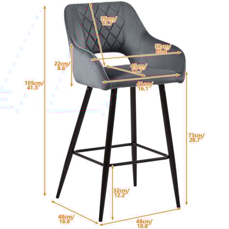 Bar Stools Set of 2 Velvet Kitchen Island Bar Chair with Backs and Arms, High Barstools with Metal Legs Footrest for Home Counter Breakfast, Grey
