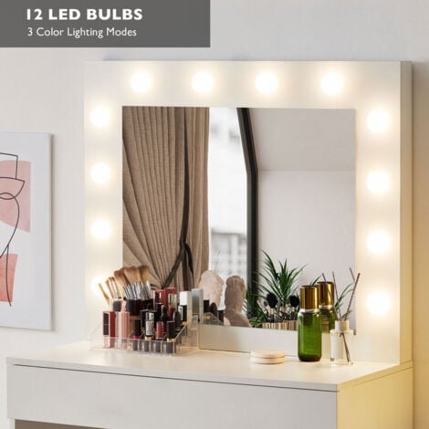 Dressing Table White with Hollywood LED Lights, 3-Color Lighting Modes, Vanity Makeup Desk with 1 Large Storage Drawer and Stool, Women Girl Vanity Table Bedroom Furniture