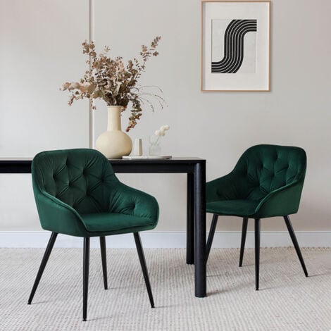 Velvet Dining Chairs Set of 2 Thick Padded Seat Kitchen Chair with Arms and Metal Legs Accent Chairs for Living Room Dining Room, Green