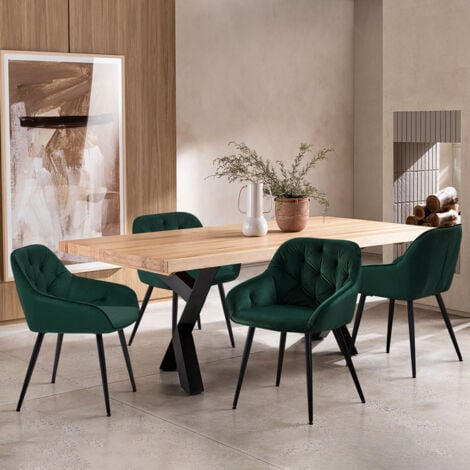 Velvet Dining Chairs Set of 2 Thick Padded Seat Kitchen Chair with Arms and Metal Legs Accent Chairs for Living Room Dining Room, Green