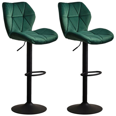 2 X Bar Stools, Velvet Height Adjustable Breakfast Barstools with Swivel Gas Lift and Steel Footrest, Green