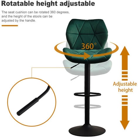 2 X Bar Stools, Velvet Height Adjustable Breakfast Barstools with Swivel Gas Lift and Steel Footrest, Green