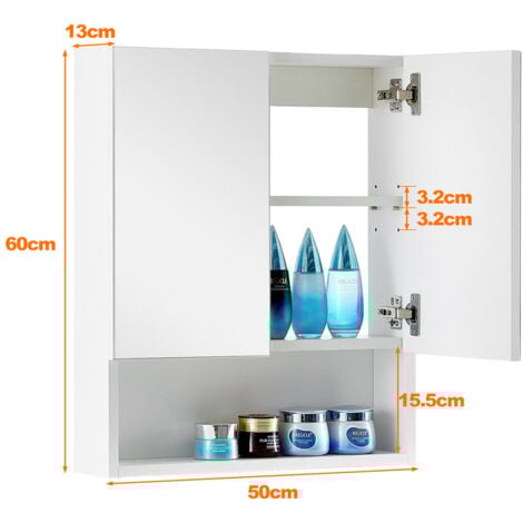 Bathroom Mirror Cabinet 2 Door Bathroom Storage Cupboard with Adjustable Shelves and Open Shelf Wall Mounted Mirror Cabinet for Living Room,Bathroom and Toilet