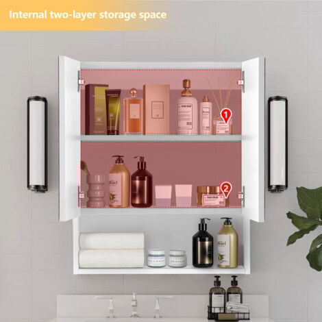 Bathroom Mirror Cabinet 2 Door Bathroom Storage Cupboard with Adjustable Shelves and Open Shelf Wall Mounted Mirror Cabinet for Living Room,Bathroom and Toilet