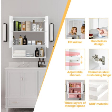 Bathroom Mirror Cabinet 2 Door Bathroom Storage Cupboard with Adjustable Shelves and Open Shelf Wall Mounted Mirror Cabinet for Living Room,Bathroom and Toilet