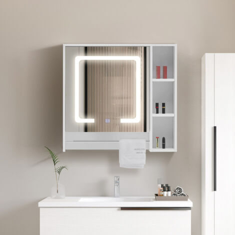 LED Illuminated Bathroom Mirror Cabinet,Bathroom Wall Cabinet with Adjustable Height Shelves and Tower Rack Mirror Medicine Cabinet for Living Room Bathroom Toilet