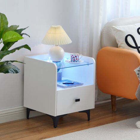 Bedside Table, LED 1 Drawer Nightstand ...