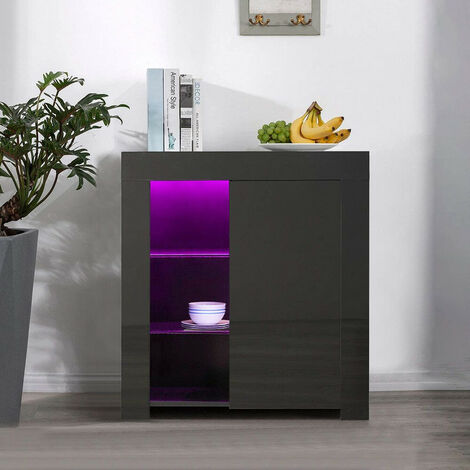 Sideboard Cabinet, High Gloss Cupboard Storage Unit with Adjustable 16 Colors USB LED Lights for Dining Room Home Furniture, Black