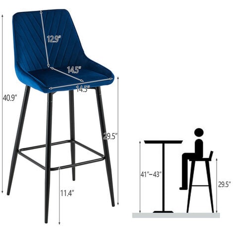 Bar Stools,2x Modern Velvet Kitchen Chair, High Breakfast Chairs with Metal Footrests,Blue