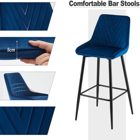 Bar Stools,2x Modern Velvet Kitchen Chair, High Breakfast Chairs with Metal Footrests,Blue