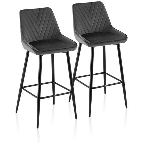 Bar Stools,2x Modern Velvet Kitchen Chair, High Breakfast Chairs with Metal Footrests,Grey