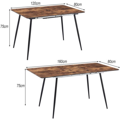 Dining Table, Extendable Dining Table, 120-160x80x75cm Kitchen Table, Rectangle Wood Table, Brown