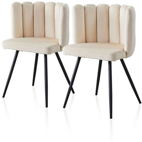 Dining Chair,2x Velvet Thick Padded Upholstered Seat with Black Metal Legs, Cream