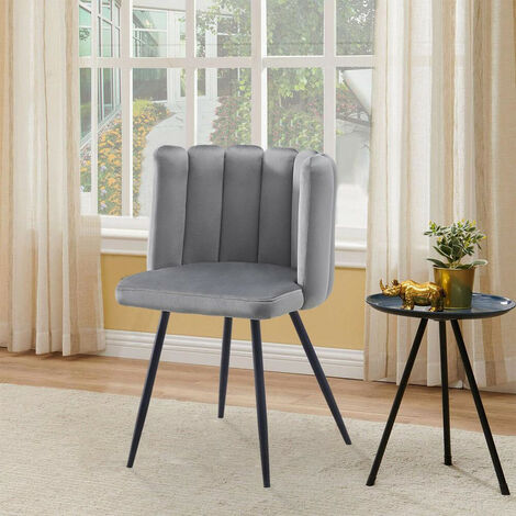 Dining Chair,2x Velvet Thick Padded Upholstered Seat with Black Metal Legs, Grey (1/4)